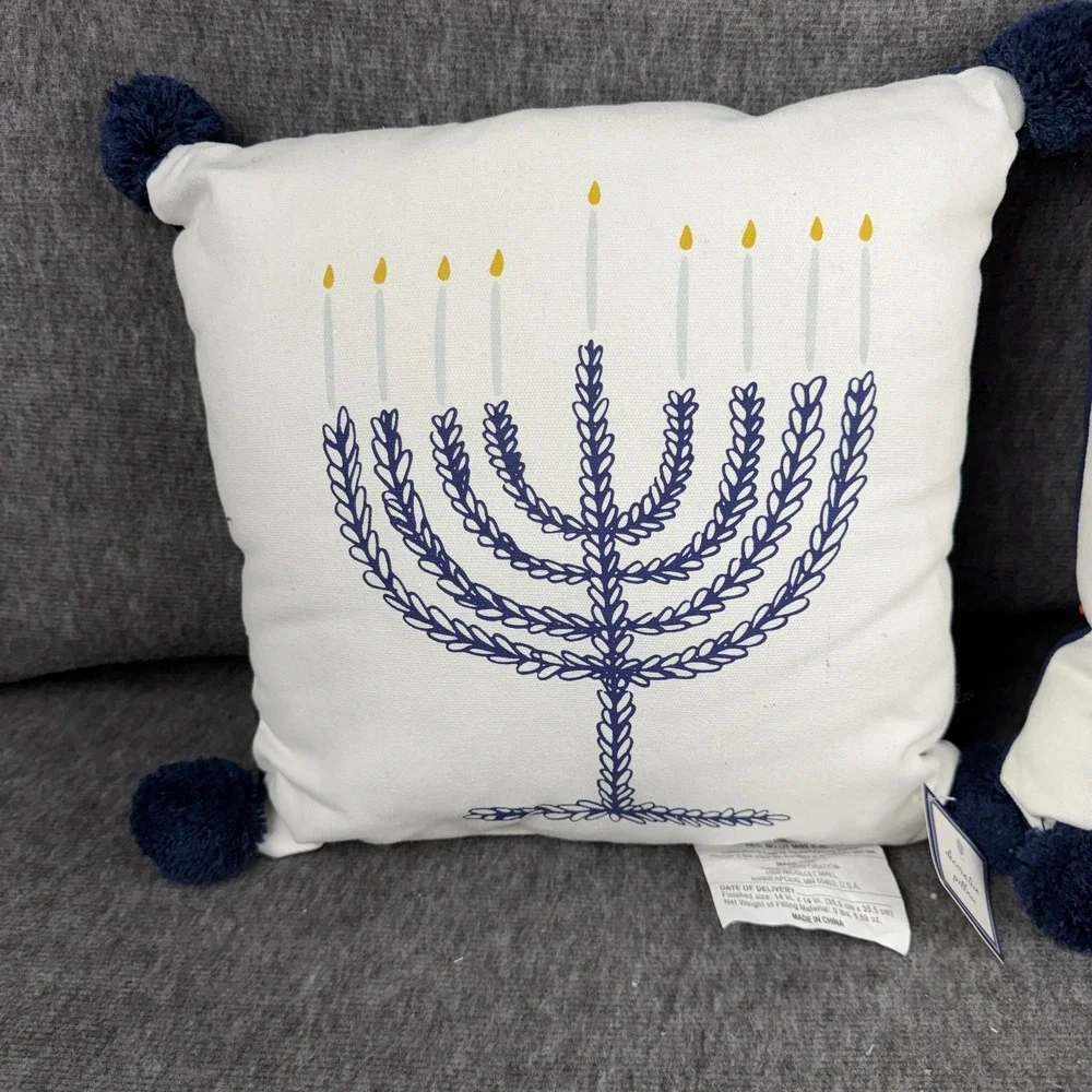 Target Decorative Pillow Menorah Hanukkah Blue 14x14 Cotton Embroidered